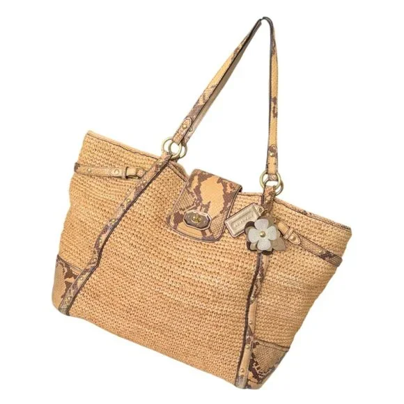 Coach Natalie Straw and Python Embossed Leather Trim Hangtags Natural Large Tote - Picture 1 of 15